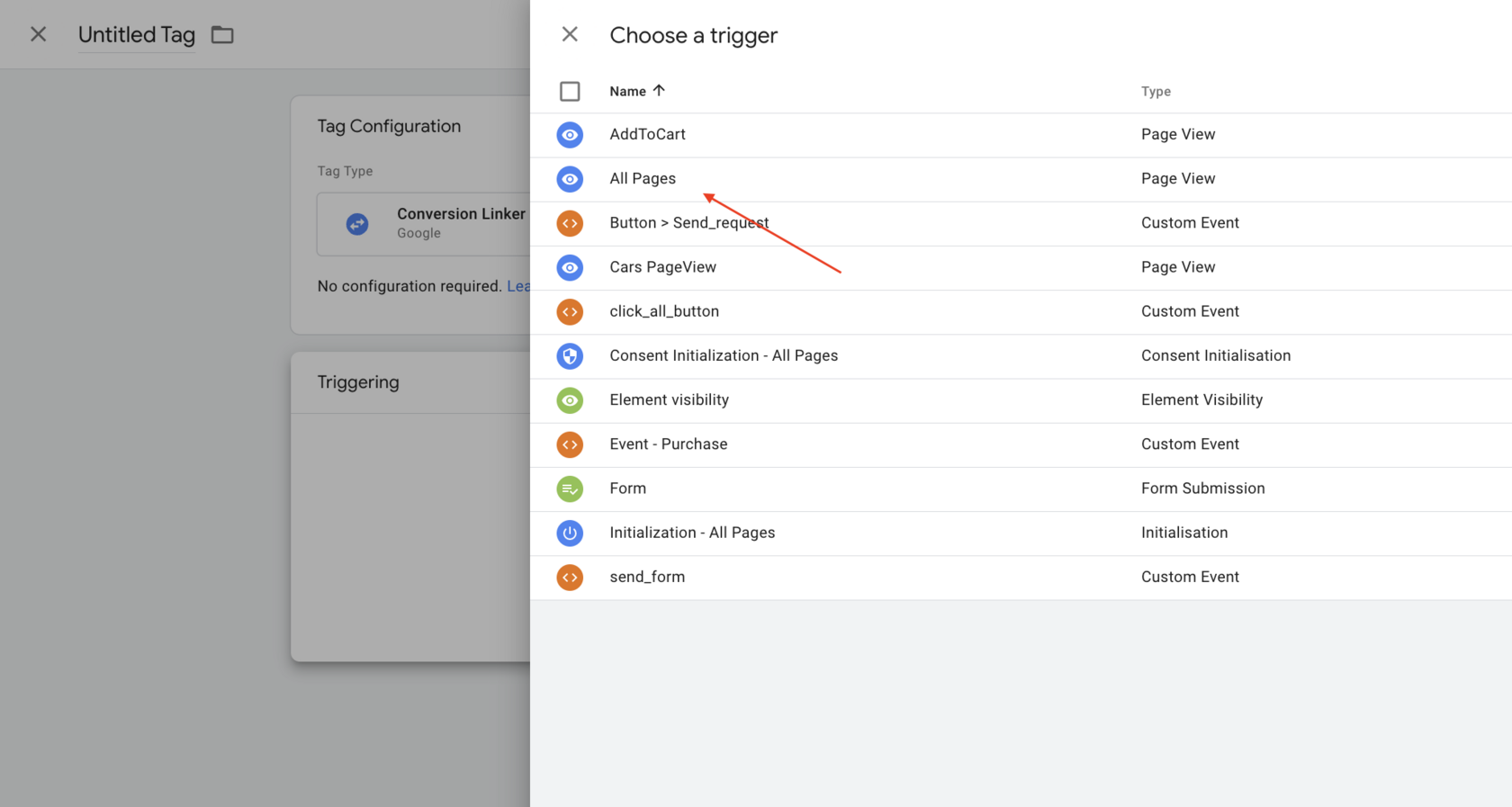 Google Tag Manager: choosing the "All Pages" trigger from the list of existing triggers