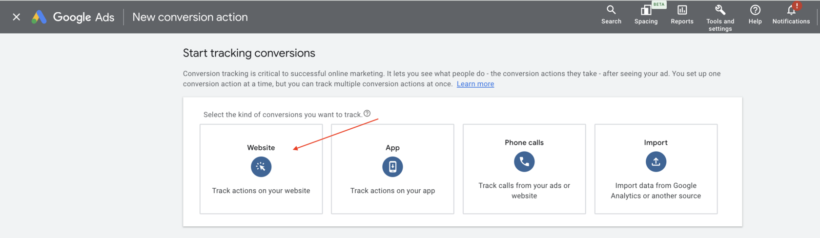 Google Ads: the "Start tracking conversions" screen with the Website conversion type selected