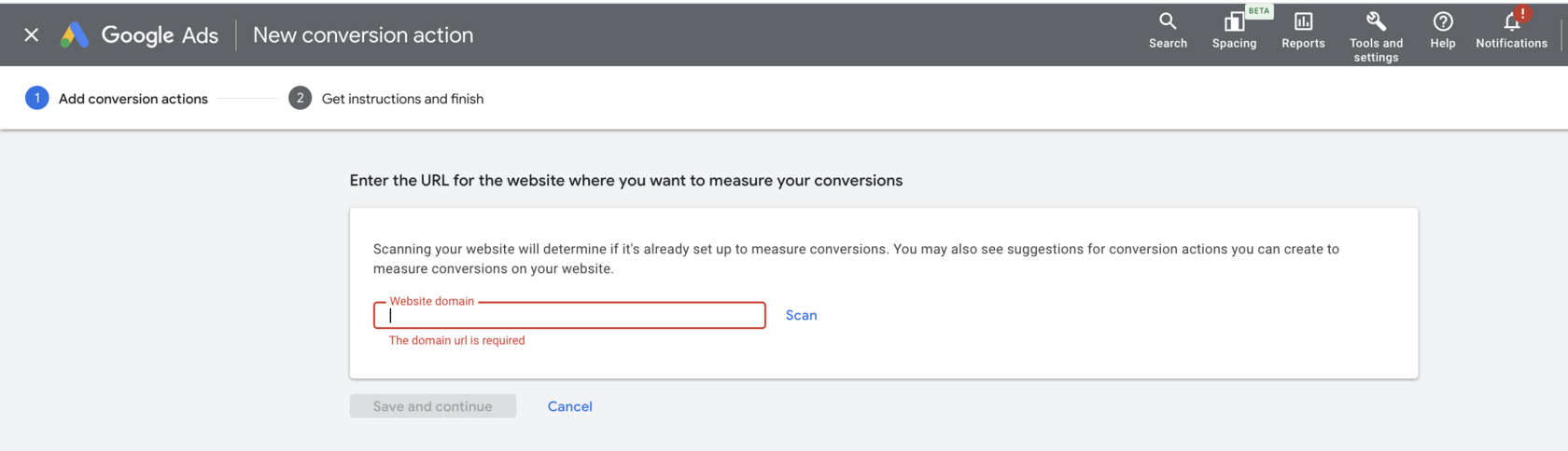 Google Ads: the "Website domain" field for entering the site address and the Scan button