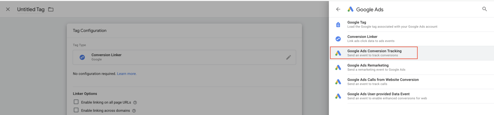 Google Tag Manager: choosing the "Google Ads Conversion Tracking" template from the list of Google Ads tags
