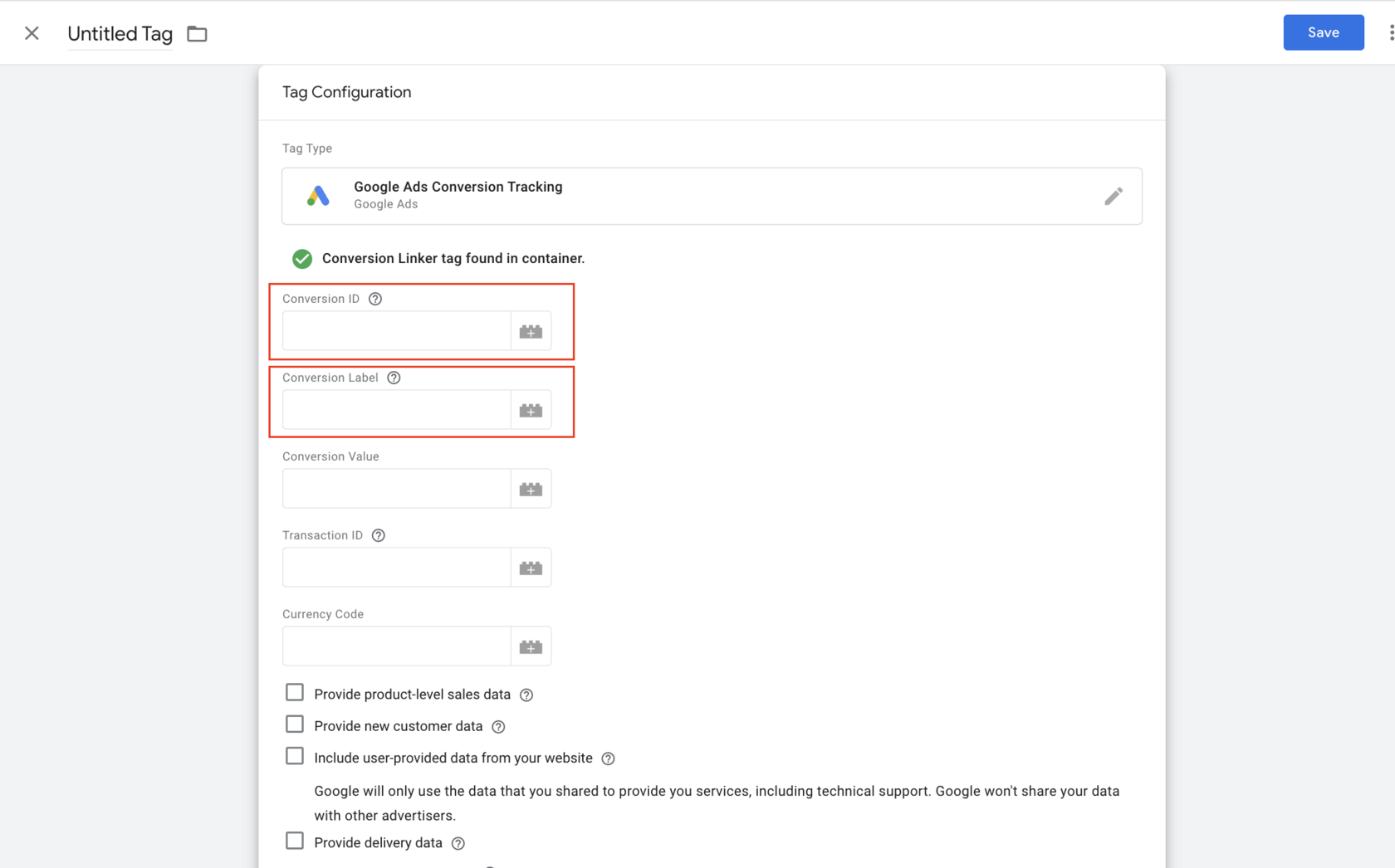 Google Tag Manager: the Google Ads Conversion Tracking tag configuration with the Conversion ID and Conversion Label fields