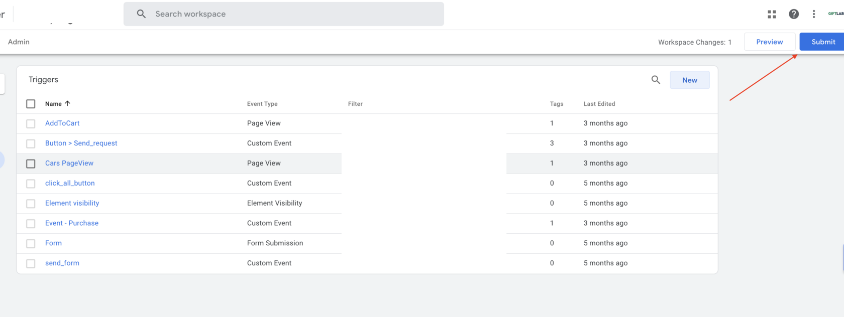Google Tag Manager: the list of triggers in the workspace and the Submit button for saving the changes