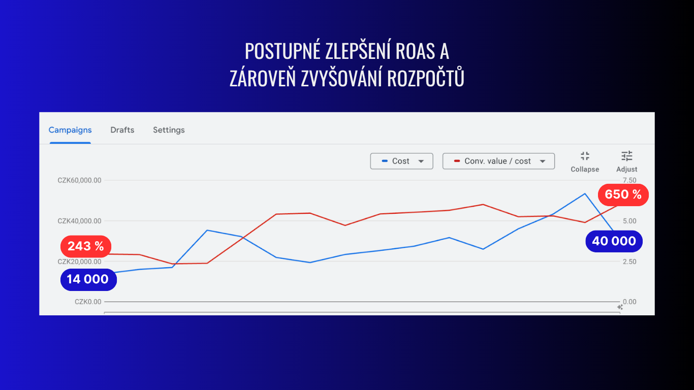 Google Ads chart: gradual ROAS improvement alongside rising budgets