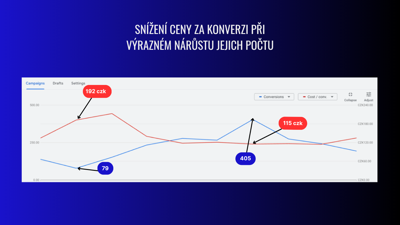 Google Ads chart: cost per conversion cut while their number grew significantly