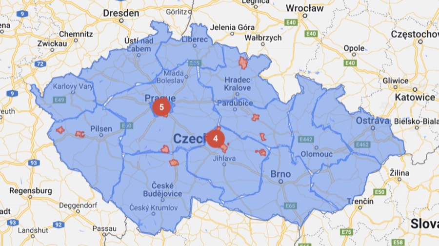 Google Ads location targeting map: the whole of Czechia plus separately outlined areas inside it