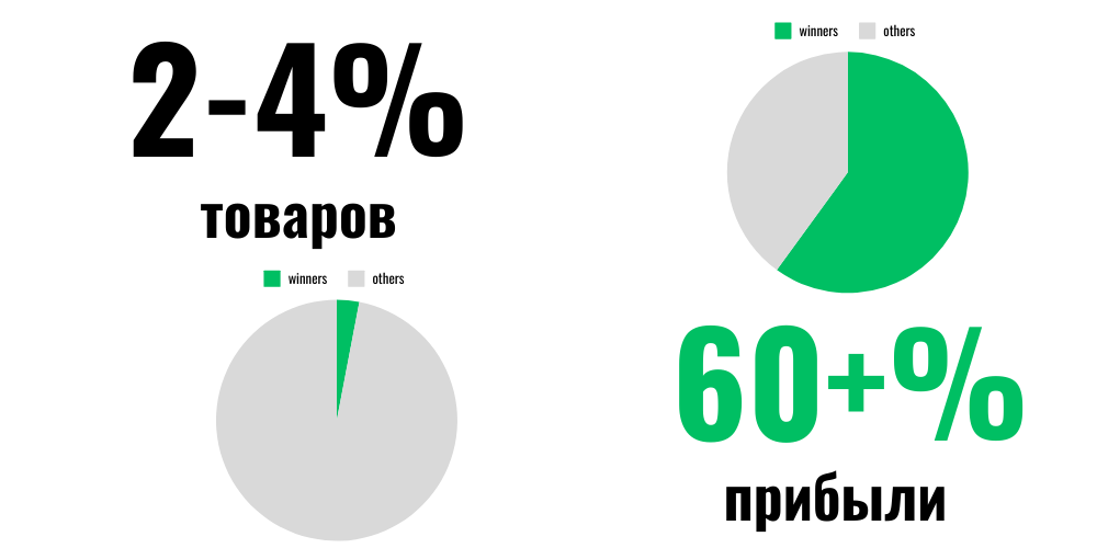 Winners: 2-4% of products deliver 60+% of profit — two pie charts, share of products and share of profit